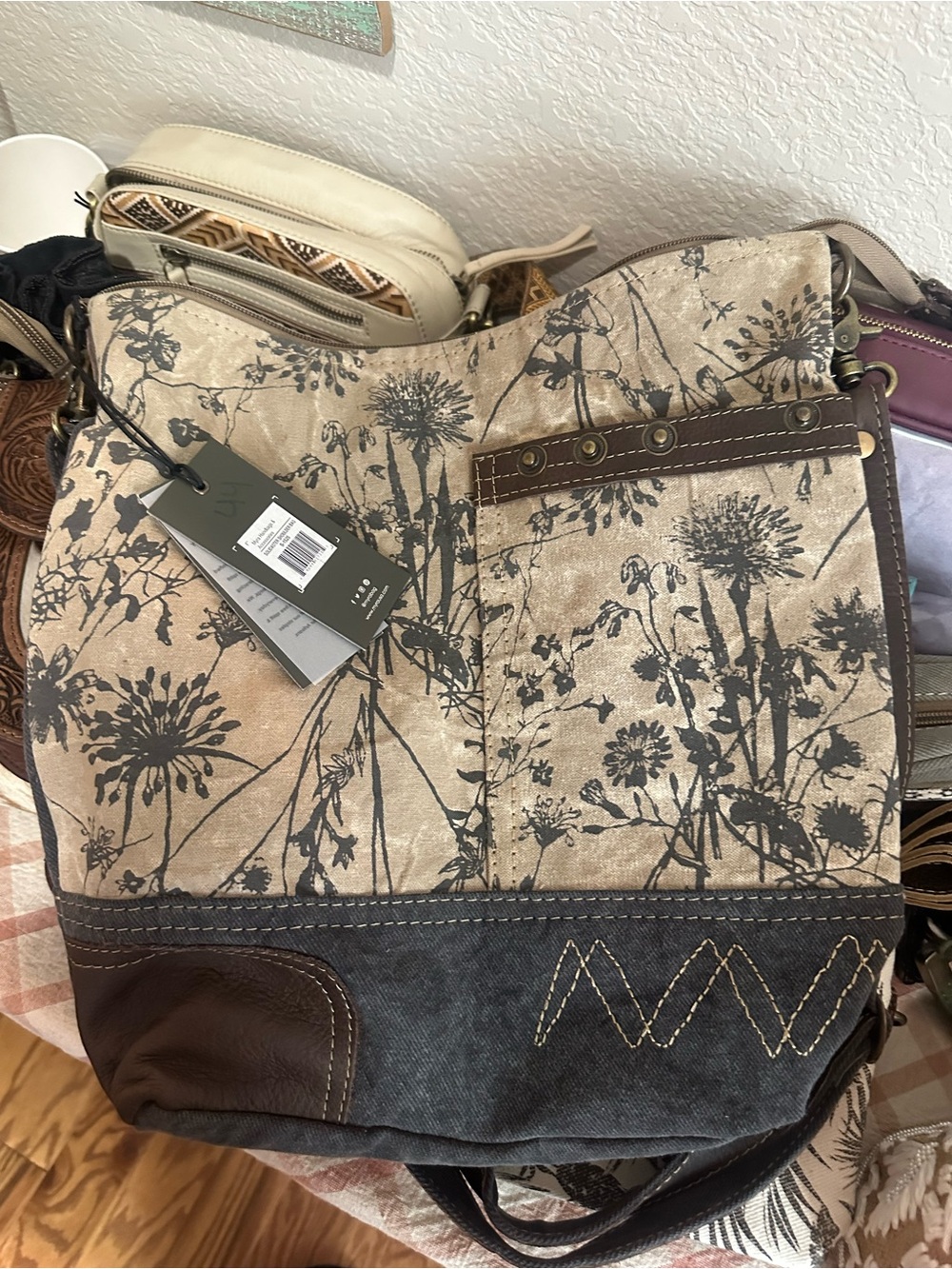 Myra Bag Beige Canvas Floral Crossbody with Brown Accents - Picture 4 of 4